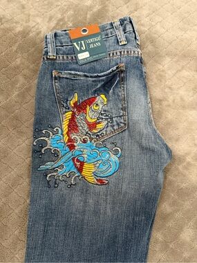 Cropped Light Wash Denim Jeans with embroidered Koi fish- Blue